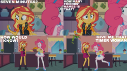 Size: 1280x720 | Tagged: safe, derpibooru import, edit, edited screencap, editor:quoterific, screencap, pinkie pie, sunset shimmer, better together, equestria girls, holidays unwrapped, apron, clothes, cutie mark, cutie mark on clothes, duo, duo female, female, food, geode of empathy, jacket, jewelry, leather, leather jacket, magical geodes, necklace, saving pinkie's pie, souffle, tanktop