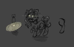 Size: 1024x665 | Tagged: safe, artist:gravityfox10, derpibooru import, oc, oc only, earth pony, pony, earth pony oc, glowing eyes, gray background, lantern, lineart, raised hoof, raised leg, simple background, solo