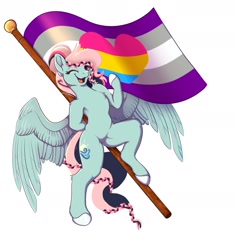 Size: 1800x1900 | Tagged: safe, artist:gobiraptor, derpibooru import, oc, oc:noontime breeze, pegasus, asexual, asexual pride flag, flag, flag pole, looking at you, one eye closed, panromantic, pegasus oc, pride, pride flag, smiling, smiling at you, wink, winking at you