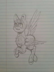 Size: 780x1024 | Tagged: safe, artist:gravityfox10, derpibooru import, oc, oc only, alicorn, pony, alicorn oc, chest fluff, horn, lineart, lined paper, sketch, smiling, solo, traditional art, wings