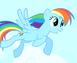 Size: 387x316 | Tagged: safe, derpibooru import, rainbow dash, pegasus, pony, 2009, changed cutie mark, eye color change, flying, show bible, show pilot, sky, smiling, youtube link