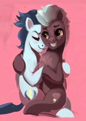 Size: 2480x3508 | Tagged: safe, artist:toisanemoif, derpibooru import, soarin', thunderlane, pegasus, pony, cute, eyes closed, gay, grin, holding hooves, hug, male, pink background, shipping, simple background, smiling, soarilane, soarinbetes, stallion, thunderbetes