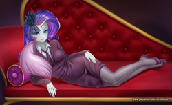 Size: 1649x1000 | Tagged: safe, alternate version, artist:racoonsan, color edit, derpibooru import, edit, editor:drakeyc, rarity, human, equestria girls, rarity investigates, bra, clothes, colored, draw me like one of your french girls, dress, fainting couch, high heels, horn, horned humanization, humanized, looking at you, necktie, pantyhose, scene interpretation, shoes, skin color edit, skirt, sofa, stupid sexy rarity, suit, underwear