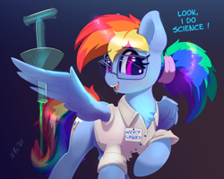 Size: 5000x3993 | Tagged: safe, artist:xbi, derpibooru import, rainbow dash, pegasus, pony, absurd resolution, alternate hairstyle, backwards cutie mark, badge, clothes, dark background, dialogue, drinking, egghead, egghead dash, fail, female, glasses, gradient background, looking at you, mare, misspelling, ponytail, radioactive, scientist, solo, tabun art-battle finished after, this will not end well, too dumb to live, vial, wing hold