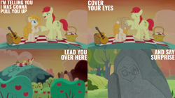 Size: 1280x720 | Tagged: safe, derpibooru import, edit, edited screencap, editor:quoterific, screencap, bright mac, pear butter, earth pony, pony, season 7, the perfect pear, cowboy hat, eyes closed, female, guitar, hat, male, mare, musical instrument, open mouth, stallion