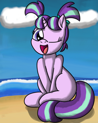 Size: 2400x3000 | Tagged: safe, artist:saburodaimando, derpibooru import, starlight glimmer, pony, unicorn, beach, cute, female, filly, filly starlight glimmer, glimmerbetes, one eye closed, pigtails, sand, solo, water, wink, younger