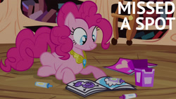 Size: 1280x720 | Tagged: safe, derpibooru import, edit, edited screencap, editor:quoterific, screencap, pinkie pie, earth pony, pony, princess twilight sparkle (episode), season 4, element of laughter, female, golden oaks library, mare, smiling, solo