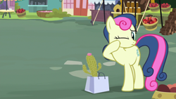 Size: 1920x1080 | Tagged: safe, derpibooru import, screencap, bon bon, sweetie drops, earth pony, pony, marks for effort, season 8, spoiler:s08, apple, cactus, female, food, mare, one eye closed, pain, solo