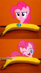 Size: 1288x2289 | Tagged: safe, artist:luckreza8, derpibooru import, editor:notxweeb, pinkie pie, earth pony, pony, banana, food, meme, photo, smiling, watermark