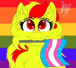 Size: 1343x1200 | Tagged: safe, artist:jay_wackal, derpibooru import, oc, oc only, oc:marmalade, pegasus, pony, :3, female, holding a flag, lgbt, original character do not steal, pride, pride flag, smiling, solo, sparkly eyes, starry eyes, transgender, transgender pride flag, wingding eyes