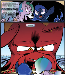 Size: 922x1049 | Tagged: safe, artist:akeemroberts, derpibooru import, idw, princess celestia, princess luna, spoiler:comic, spoiler:comic98, kraken, season 10, younger