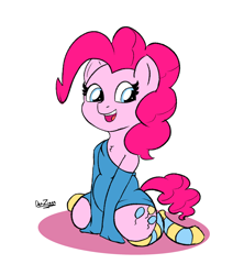 Size: 2162x2435 | Tagged: safe, artist:datzigga, derpibooru import, pinkie pie, earth pony, pony, belly, clothes, cute, diapinkes, human shoulders, off shoulder, socks, solo