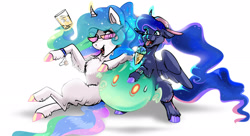 Size: 2257x1230 | Tagged: safe, artist:mylittlegodzilla, derpibooru import, princess celestia, princess luna, alicorn, pony, chest fluff, female, food, genshin impact, glasses, glowing horn, horn, ice cream, levitation, magic, missing cutie mark, siblings, simple background, sisters, sitting, slime, smiling, telekinesis, tongue, tongue out, white background