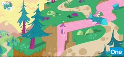 Size: 4096x1880 | Tagged: source needed, safe, derpibooru import, fluttershy, pegasus, a camping we will go, my little pony: pony life, bridge, cliff, concept art, eone, female, grass, log, logo, my little pony logo, official, path, river, rock, solo, solo female, text, tree, water, waterfall