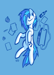 Size: 1895x2585 | Tagged: safe, artist:rsd500, derpibooru import, dj pon-3, vinyl scratch, pony, blue, blue background, bottle, digital art, dream, eyes closed, headphones, listening to music, lying down, lying on the ground, music, radio, simple background