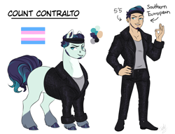 Size: 2034x1555 | Tagged: safe, artist:theartfox2468, derpibooru import, coloratura, earth pony, human, pony, alternate hairstyle, beard, clothes, coat markings, description is relevant, ear piercing, earring, facial hair, grin, headband, humanized, jacket, jewelry, leather jacket, male, missing cutie mark, nail polish, ok hand sign, piercing, pride, pride flag, rara, redesign, reference sheet, shirt, shoes, simple background, smiling, solo, stallion, t-shirt, trans male, transgender, transgender pride flag, unshorn fetlocks, white background
