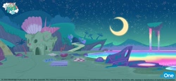 Size: 1400x645 | Tagged: source needed, safe, derpibooru import, my little pony: pony life, pony surfin' safari, archway, beach, cave, concept art, crystal, eone, firepit, floating island, logo, moon, my little pony logo, night, no pony, official, palm tree, path, potion ocean, rainbow water, rainbow waterfall, rock, sand, sandcastle, seashell, stars, text, towel, tree, water, waterfall