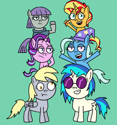 Size: 3000x3200 | Tagged: safe, artist:mlp-vs-capcom, derpibooru import, boulder (pet), derpy hooves, dj pon-3, maud pie, starlight glimmer, sunset shimmer, trixie, vinyl scratch, earth pony, pegasus, pony, unicorn, :t, chibi, female, grin, lidded eyes, mare, open mouth, open smile, smiling