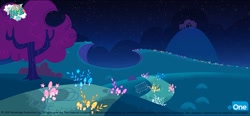 Size: 1400x647 | Tagged: source needed, safe, derpibooru import, my little pony: pony life, potion mystery, bench, bush, concept art, eone, grass, hill, logo, mushroom, my little pony logo, night, no pony, official, path, scenery, text, trail, tree