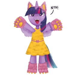 Size: 3000x3000 | Tagged: safe, artist:catachromatic, derpibooru import, twilight sparkle, twilight sparkle (alicorn), alicorn, semi-anthro, bracelet, cat ears, clothes, cute, digital painting, dress, fake ears, fangs, female, high res, jewelry, paw gloves, signature, simple background, smashin' fashion, solo, text, toy interpretation, twiabetes, white background