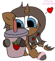 Size: 957x1055 | Tagged: safe, artist:colt687, colorist:rautamiekka, derpibooru import, oc, oc only, oc:strawberry cocoa, monster pony, pony, unicorn, accessories, ankle bracelet, black outlines, blaze (coat marking), blue eyes, brown coat, coat markings, colored, colored hooves, colored outlines, cup, digital art, drinking straw, ears, eyelashes, facial markings, female, floppy ears, food, heart, horn, hug, lighter underbelly, looking at something, mare, present, segmented tail, signature, simple background, sitting, smoothie, solo, strawberry, tail, tiny, tiny ponies, two-tone coat, white background