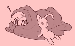 Size: 1804x1114 | Tagged: safe, artist:nookprint, derpibooru import, fluttershy, pegasus, pony, blanket, cute, daaaaaaaaaaaw, exclamation point, female, hiding, lying down, mare, monochrome, plushie, prone, red background, redscale, shy, shyabetes, simple background, solo