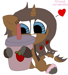 Size: 957x1055 | Tagged: safe, artist:colt687, colorist:rautamiekka, derpibooru import, oc, oc only, oc:strawberry cocoa, monster pony, pony, unicorn, accessories, ankle bracelet, blaze (coat marking), blue eyes, brown coat, coat markings, colored, colored hooves, colored outlines, cup, digital art, drinking straw, ears, eyelashes, facial markings, female, floppy ears, food, heart, horn, hug, lighter underbelly, looking at something, mare, present, segmented tail, signature, simple background, sitting, smoothie, solo, strawberry, tail, tiny, tiny ponies, two-tone coat, white background