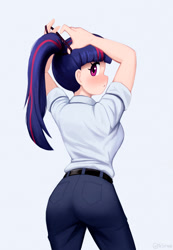 Size: 1500x2170 | Tagged: safe, artist:mrscroup, derpibooru import, twilight sparkle, human, adorasexy, blushing, breasts, butt, curvy, cute, hair tie, headlight sparkle, hourglass figure, humanized, looking at you, looking back, looking back at you, ponytail, rear view, sexy, simple background, twiabetes, twibutt, white background, wide eyes, wide hips