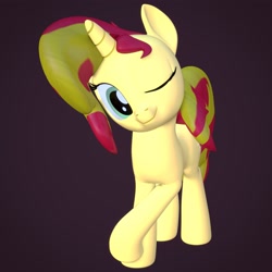 Size: 4000x4000 | Tagged: safe, artist:wissle, derpibooru import, sunset shimmer, pony, unicorn, 3d, absurd resolution, atg 2021, blender, crossed legs, cute, female, looking at you, mare, newbie artist training grounds, one eye closed, shimmerbetes, simple background, smiling, solo, wink