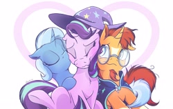 Size: 3415x2160 | Tagged: safe, artist:draft the filmmaker, artist:keevanguy, derpibooru import, starlight glimmer, sunburst, trixie, pony, unicorn, accessory swap, bisexual, chest fluff, cuddly, eyes closed, female, happy, heart, high res, kissing, lesbian, male, mare, polyamory, shipping, smiling, stallion, startrixburst, straight