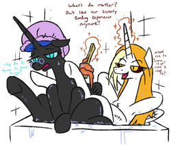 Size: 855x726 | Tagged: safe, artist:jargon scott, derpibooru import, oc, oc:dyx, oc:nyx, alicorn, pony, arm behind head, armpits, bath, bathing, bathtub, clothes, duo, female, glasses, hat, hooves up, implications, levitation, magic, mare, nyx is not amused, older, older dyx, older nyx, rag on a stick, shower cap, sibling love, sister, sisterly love, telekinesis, underhoof, wet