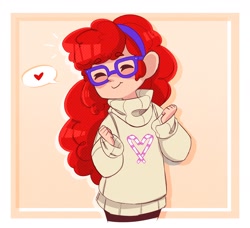 Size: 2464x2246 | Tagged: safe, artist:syrupyyy, derpibooru import, twist, human, clothes, cute, eyes closed, female, hairband, heart, humanized, pictogram, solo, speech bubble, sweater, twistabetes