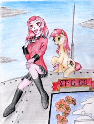 Size: 2434x3221 | Tagged: safe, artist:40kponyguy, derpibooru exclusive, derpibooru import, roseluck, earth pony, human, boots, clothes, crossover, cup, ear fluff, ears, female, girls und panzer, mare, miniskirt, raised hoof, raised leg, rosehip (girls und panzer), schrödinger's pantsu, shoes, skirt, teacup, traditional art, uniform