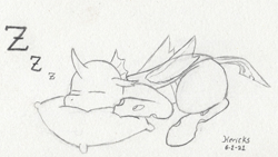 Size: 827x468 | Tagged: safe, artist:hericks, changeling, cute, doodle, onomatopoeia, pillow, sleeping, sound effects, zzz