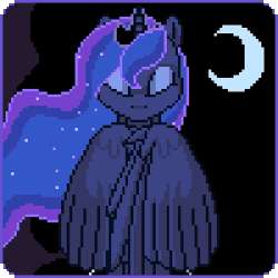 Size: 300x300 | Tagged: safe, artist:imreer, edit, editor:hotkinkajou, ponerpics import, princess luna, oc, oc:anon, alicorn, human, pony, /mlp/, animated, blinking, duo, ethereal mane, female, gif, horn, jewelry, lidded eyes, male, mare, peytral, pixel art, spread wings, starry mane, tiara, unofficial edits thread, wings