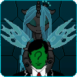 Size: 300x300 | Tagged: safe, artist:imreer, edit, editor:hotkinkajou, ponerpics import, queen chrysalis, oc, oc:anon, changeling, changeling queen, human, animated, blinking, changeling oc, commission, duo, female, gif, lidded eyes, male, mare, pixel art, spread wings, wings, ych result