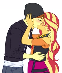 Size: 1313x1534 | Tagged: safe, artist:nairdags, sunset shimmer, oc, oc:eclipse shadow, equestria girls, blushing, canon x oc, clothes, commission, female, hug, kissing, male, shipping, simple background, trash