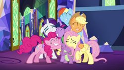 Size: 1280x720 | Tagged: safe, derpibooru import, screencap, applejack, fluttershy, pinkie pie, rainbow dash, rarity, spike, twilight sparkle, twilight sparkle (alicorn), alicorn, dragon, earth pony, pegasus, unicorn, castle sweet castle, season 5, ^^, applejack's hat, clothes, cowboy hat, eyes closed, female, hat, hug, male, mane seven, mane six, mare, smiling, twilight's castle