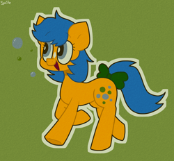 Size: 1904x1764 | Tagged: safe, artist:spritecranbirdie, derpibooru import, bubbles (g1), earth pony, pony, g1, blue mane, blue tail, bow, bubble, cutie mark, female, green background, simple background, solo, tail bow, white outline