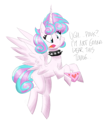 Size: 2547x2986 | Tagged: safe, artist:flutterthrash, derpibooru import, princess flurry heart, alicorn, pony, choker, clothes, dialogue, flying, heart, heart print underwear, holding panties, older, older flurry heart, panties, pink underwear, spiked choker, underwear, we don't normally wear clothes