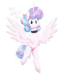 Size: 1500x1800 | Tagged: safe, artist:flutterthrash, derpibooru import, princess flurry heart, alicorn, pony, choker, clothes, dialogue, female, flying, frown, heart, heart print underwear, older, older flurry heart, panties, pink underwear, simple background, solo, spiked choker, underwear, white background