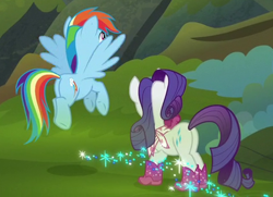 Size: 429x311 | Tagged: safe, derpibooru import, screencap, rainbow dash, rarity, the end in friend, butt, cropped, plot, rainbutt dash, rearity