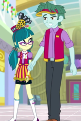 Size: 591x883 | Tagged: safe, derpibooru import, screencap, brim marco, juniper montage, better together, equestria girls, holidays unwrapped, canterlot mall, clothes, cropped, dashing through the mall, female, glasses, hair ornament, male, skirt, vest, visor