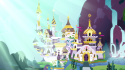 Size: 1280x720 | Tagged: safe, derpibooru import, screencap, season 4, twilight's kingdom, canterlot castle, cloud, no pony, sky