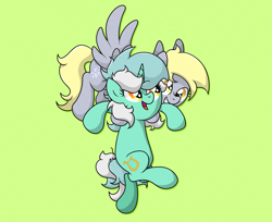 Size: 4259x3479 | Tagged: safe, artist:background basset, derpibooru import, derpy hooves, lyra heartstrings, pegasus, pony, unicorn, carrying, duo, duo female, female, flying, grin, open mouth, open smile, simple background, smiling