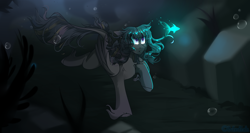 Size: 3000x1596 | Tagged: safe, artist:mediasmile666, derpibooru import, oc, oc only, pegasus, pony, female, leonine tail, mare, seaweed, solo, trotting, underwater