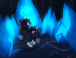 Size: 3000x2306 | Tagged: safe, artist:mediasmile666, derpibooru import, oc, oc only, bat pony, pony, bat pony oc, cave, coat markings, crystal, female, mare, socks (coat marking), solo