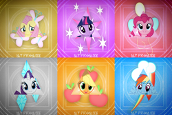 Size: 7200x4800 | Tagged: safe, artist:wooshy, derpibooru import, applejack, fluttershy, pinkie pie, rainbow dash, rarity, twilight sparkle, pony, abstract background, absurd resolution, bust, cutie mark, earth wind & fire, looking at you, mane six, portrait, smiling