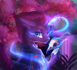 Size: 1280x1156 | Tagged: safe, artist:justkattyo, derpibooru import, tempest shadow, pony, unicorn, broken horn, bust, eye scar, female, horn, looking at you, looking sideways, magic, mare, raised hoof, raised leg, scar, side view, skull, solo, tree