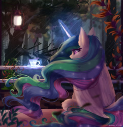 Size: 1280x1320 | Tagged: safe, artist:justkattyo, derpibooru import, princess celestia, alicorn, pony, cup, female, forest, lamp, lantern, magic, mare, night, rear view, sitting, solo, teacup, telekinesis, tree